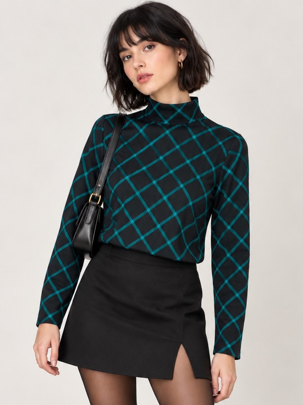 Ann Taylor Black Teal Diamond Plaid Mock Neck Top XS